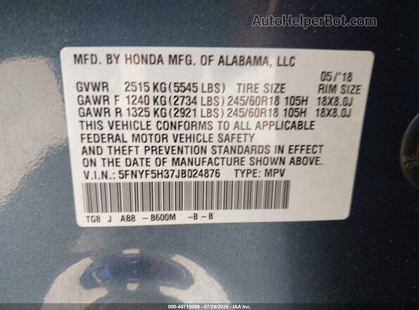 5FNYF5H37JB024876 2018 HONDA PILOT Light Blue ძრავის განყოფილების ხედი