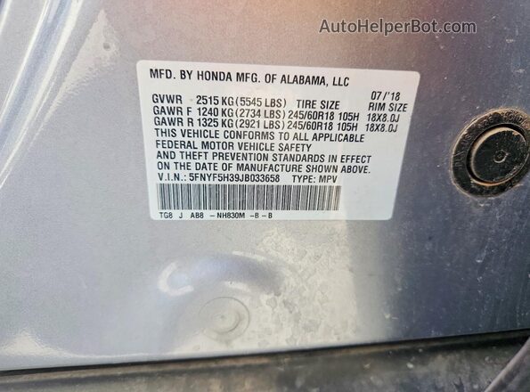 5FNYF5H39JB033658 2018 HONDA PILOT Серебряный Вид подкапотного пространства