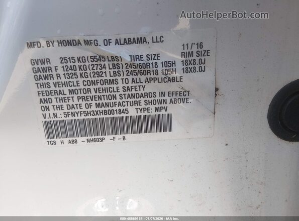 5FNYF5H3XHB001845 2017 HONDA PILOT White Вид підкапотного простору