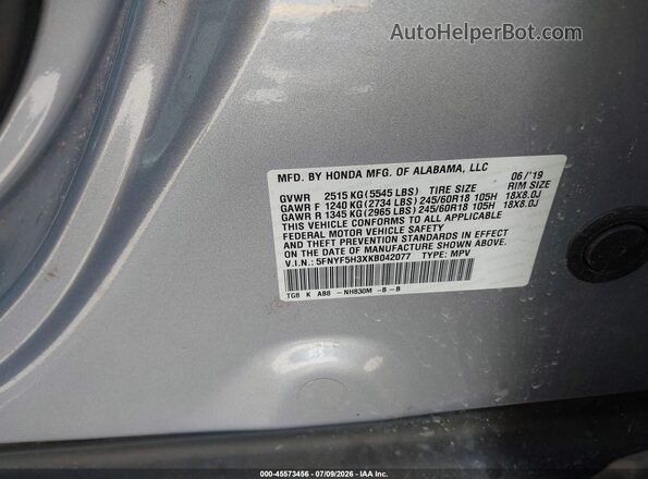 5FNYF5H3XKB042077 2019 HONDA PILOT Silver Շարժիչի բաժամունքի տեսք