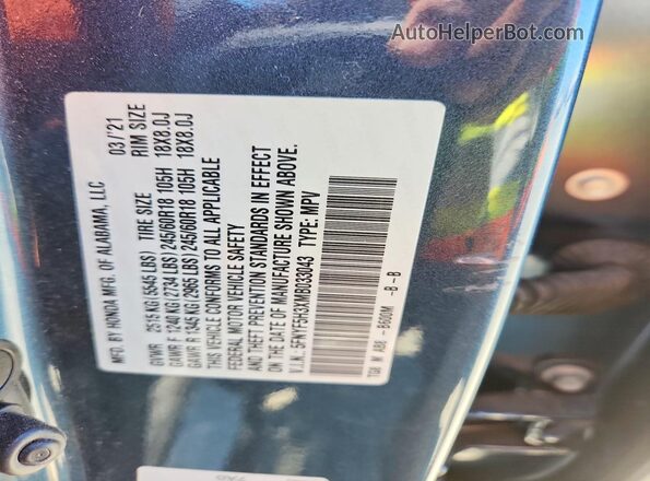 5FNYF5H3XMB033043 2021 HONDA PILOT Blue VIN կոդի պիտակի տեսք