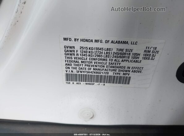 5FNYF5H42KB021720 2019 HONDA PILOT White Engine compartment view