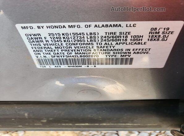 5FNYF5H42LB002070 2020 HONDA PILOT Gray VIN sticker view