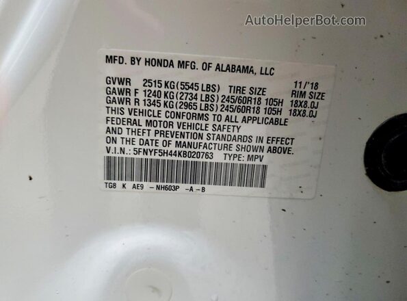 5FNYF5H44KB020763 2019 HONDA PILOT White VIN կոդի պիտակի տեսք