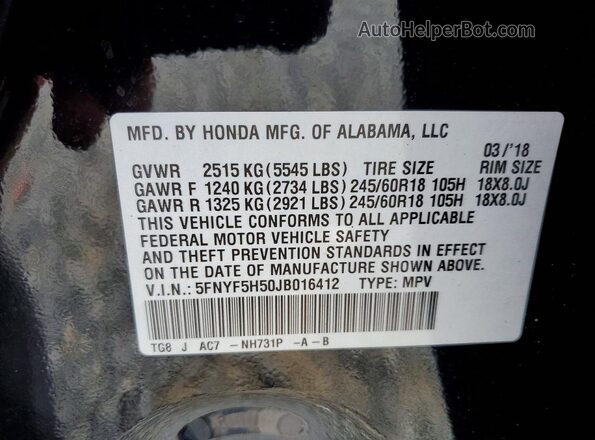 5FNYF5H50JB016412 2018 HONDA PILOT Black VIN sticker view