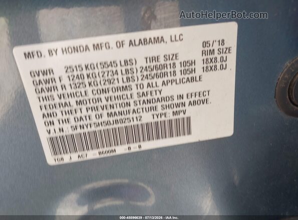 5FNYF5H50JB025112 2018 HONDA PILOT Blue Engine compartment view