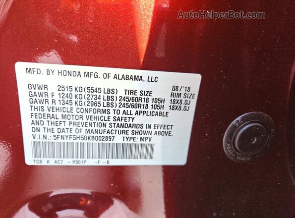 5FNYF5H50KB002897 2019 HONDA PILOT Burgundy Widok naklejki z numerem VIN
