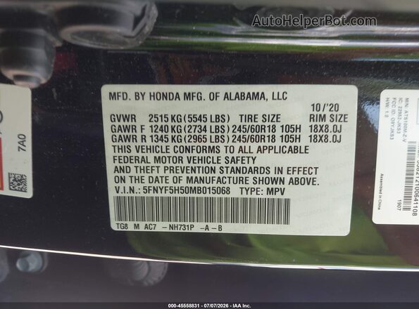 5FNYF5H50MB015068 2021 HONDA PILOT Black Widok komory silnika