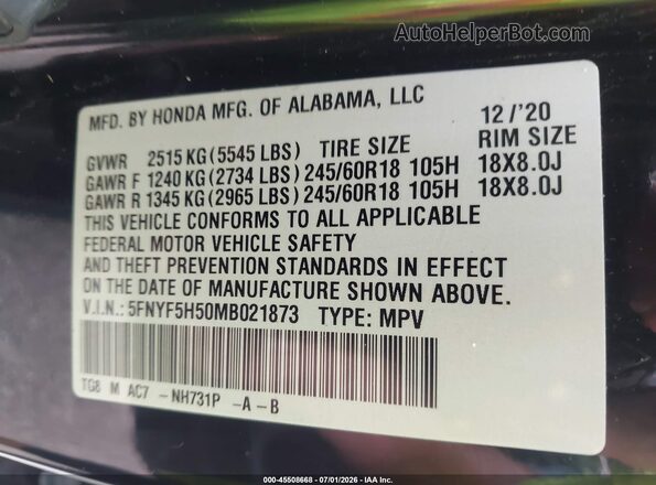 5FNYF5H50MB021873 2021 HONDA PILOT Black Շարժիչի բաժամունքի տեսք