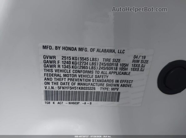 5FNYF5H51KB035326 2019 HONDA PILOT White Вид підкапотного простору