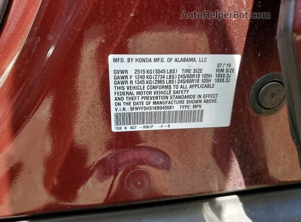 5FNYF5H51KB045581 2019 HONDA PILOT Burgundy VIN sticker view