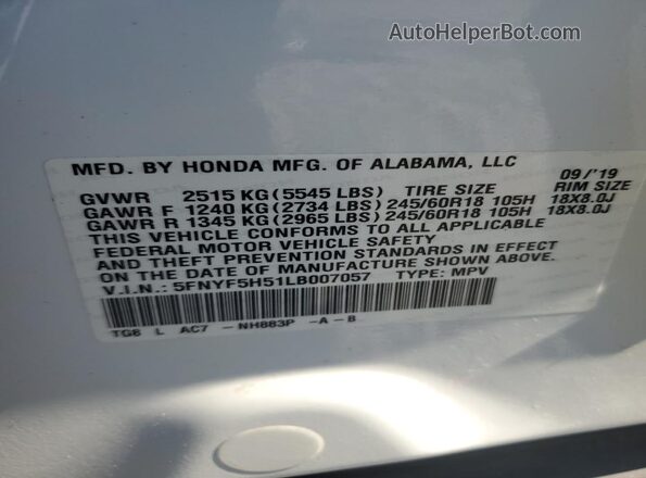 5FNYF5H51LB007057 2020 HONDA PILOT White Вид наклейки з VIN-кодом