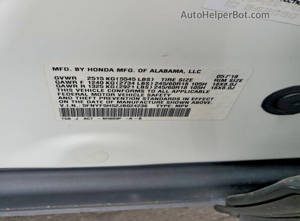 5FNYF5H52JB024236 2018 HONDA PILOT White Widok naklejki z numerem VIN