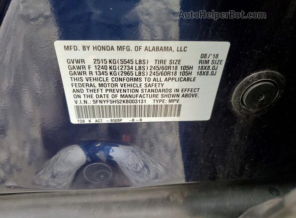 5FNYF5H52KB003131 2019 HONDA PILOT Blue Widok naklejki z numerem VIN