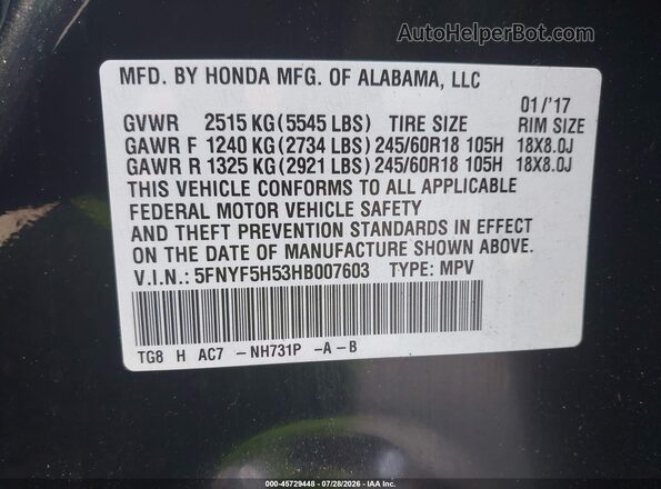 5FNYF5H53HB007603 2017 HONDA PILOT Black Widok komory silnika