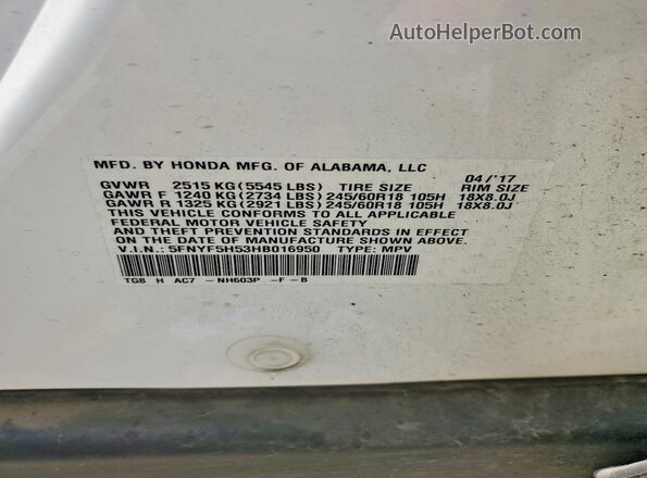 5FNYF5H53HB016950 2017 HONDA PILOT White Widok naklejki z numerem VIN