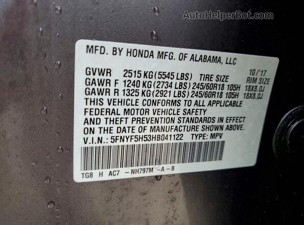 5FNYF5H53HB041122 2017 HONDA PILOT Gray VIN կոդի պիտակի տեսք