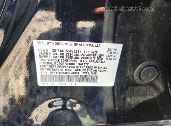 5FNYF5H53KB044304 2019 HONDA PILOT Black Vista de la etiqueta del VIN