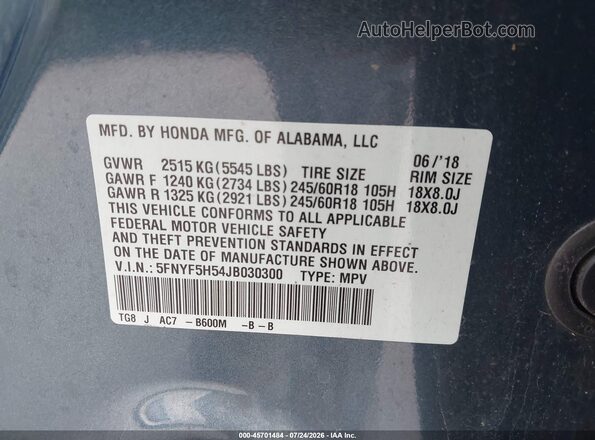 5FNYF5H54JB030300 2018 HONDA PILOT Turquoise Engine compartment view