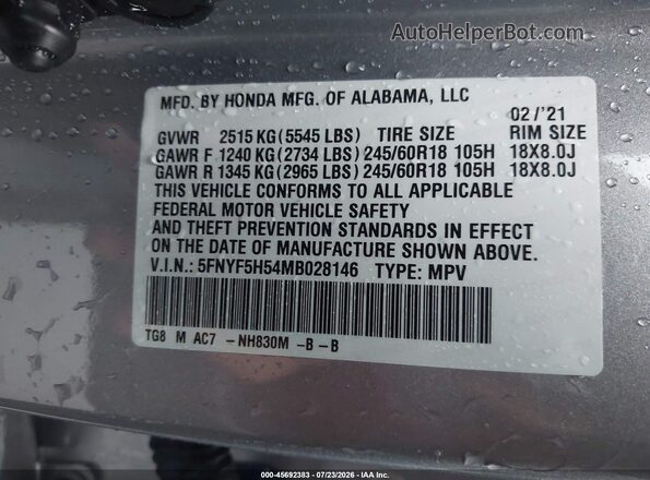 5FNYF5H54MB028146 2021 HONDA PILOT Silver Widok komory silnika