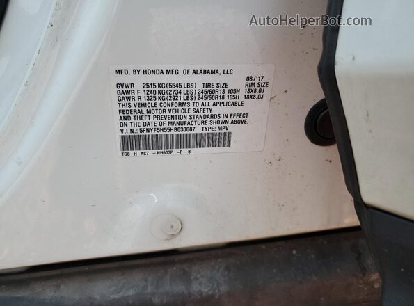 5FNYF5H55HB030087 2017 HONDA PILOT Белый Вид наклейки с VIN-кодом