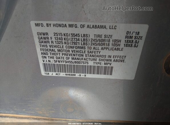 5FNYF5H55JB007575 2018 HONDA PILOT Silver Widok komory silnika