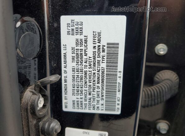 5FNYF5H55MB009637 2021 HONDA PILOT Black Vista de la etiqueta del VIN