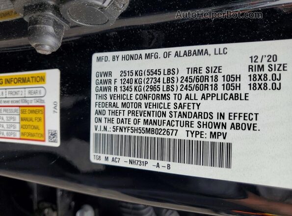5FNYF5H55MB022677 2021 HONDA PILOT Black VIN կոդի պիտակի տեսք