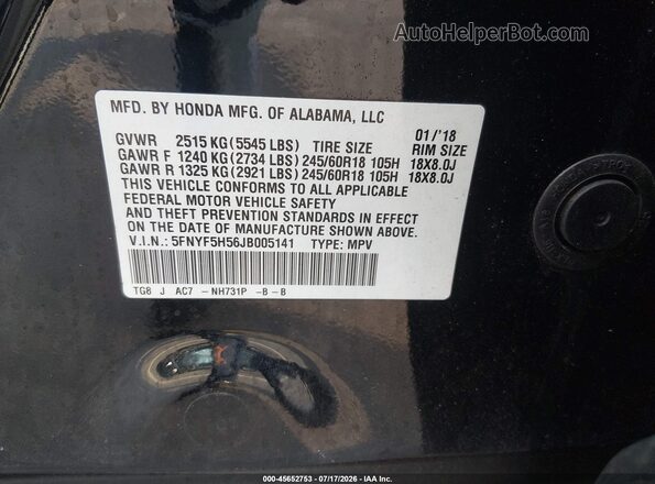 5FNYF5H56JB005141 2018 HONDA PILOT Black Engine compartment view