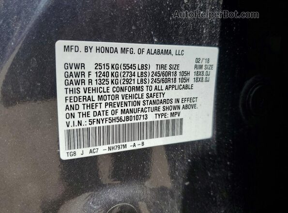 5FNYF5H56JB010713 2018 HONDA PILOT Gray სალონის 360-გრადუსიანი ხედი