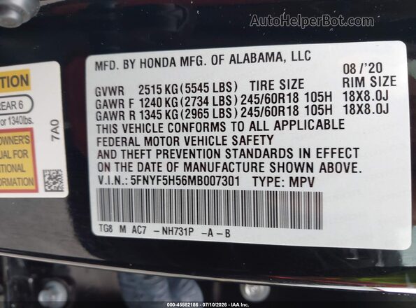 5FNYF5H56MB007301 2021 HONDA PILOT Black ძრავის განყოფილების ხედი
