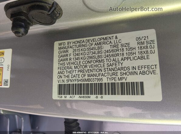 5FNYF5H56MB037995 2021 HONDA PILOT Silver Widok komory silnika