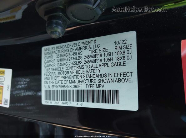 5FNYF5H56NB036086 2022 HONDA PILOT Black Widok komory silnika