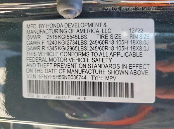 5FNYF5H56NB038744 2022 HONDA PILOT Black VIN კოდის სტიკერის ხედი