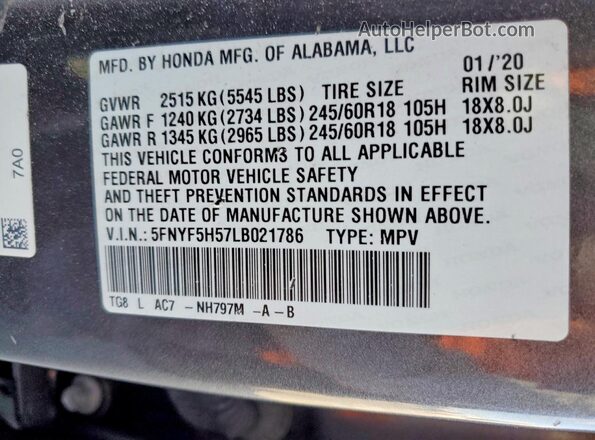 5FNYF5H57LB021786 2020 HONDA PILOT Gray Вид підкапотного простору