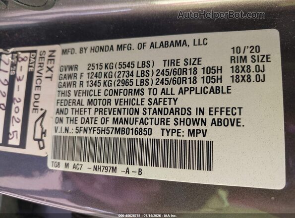5FNYF5H57MB016850 2021 HONDA PILOT Gray Вид підкапотного простору