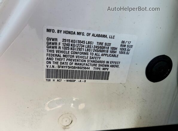 5FNYF5H58HB025644 2017 HONDA PILOT White VIN sticker view