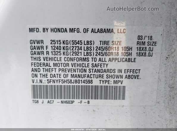 5FNYF5H58JB014598 2018 HONDA PILOT White Widok komory silnika
