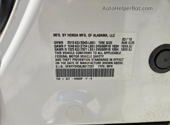 5FNYF5H58JB017257 2018 HONDA PILOT White Engine compartment view