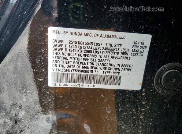 5FNYF5H58KB015185 2019 HONDA PILOT Black VIN sticker view