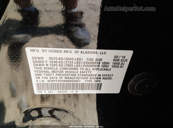 5FNYF5H58KB032827 2019 HONDA PILOT Black ძრავის განყოფილების ხედი
