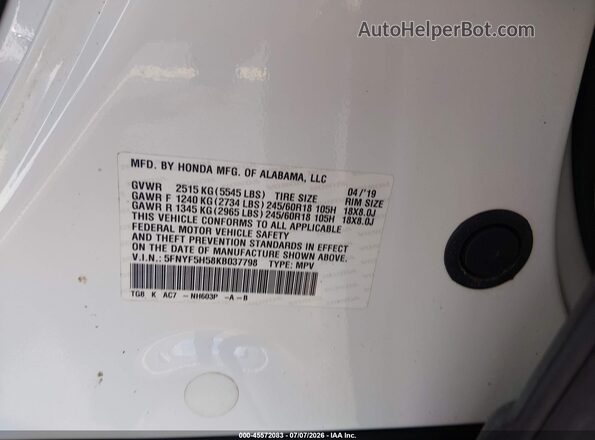5FNYF5H58KB037798 2019 HONDA PILOT Белый Вид подкапотного пространства