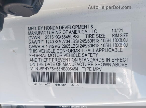 5FNYF5H58NB005454 2022 HONDA PILOT Белый Вид подкапотного пространства