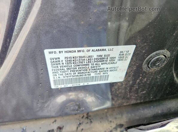 5FNYF5H59JB018790 2018 HONDA PILOT Gray Widok naklejki z numerem VIN