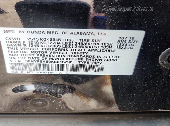 5FNYF5H59KB015292 2019 HONDA PILOT Black Widok wnętrza 360 stopni