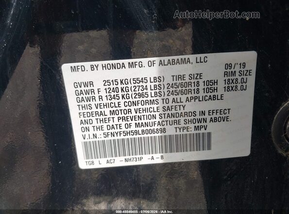 5FNYF5H59LB006898 2020 HONDA PILOT Black Вид підкапотного простору