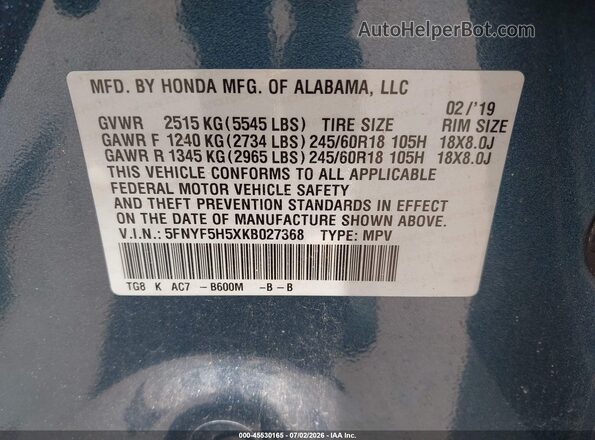 5FNYF5H5XKB027368 2019 HONDA PILOT Light Blue Engine compartment view