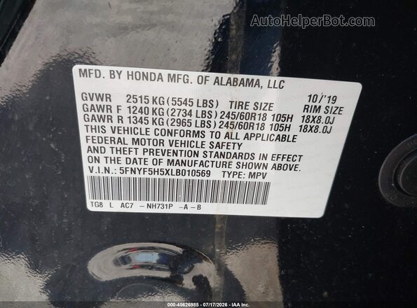 5FNYF5H5XLB010569 2020 HONDA PILOT Black Вид підкапотного простору