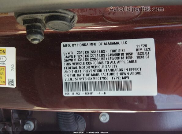 5FNYF5H5XMB017958 2021 HONDA PILOT Burgundy Вид підкапотного простору