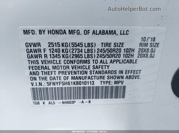 5FNYF5H61KB010113 2019 HONDA PILOT White ძრავის განყოფილების ხედი